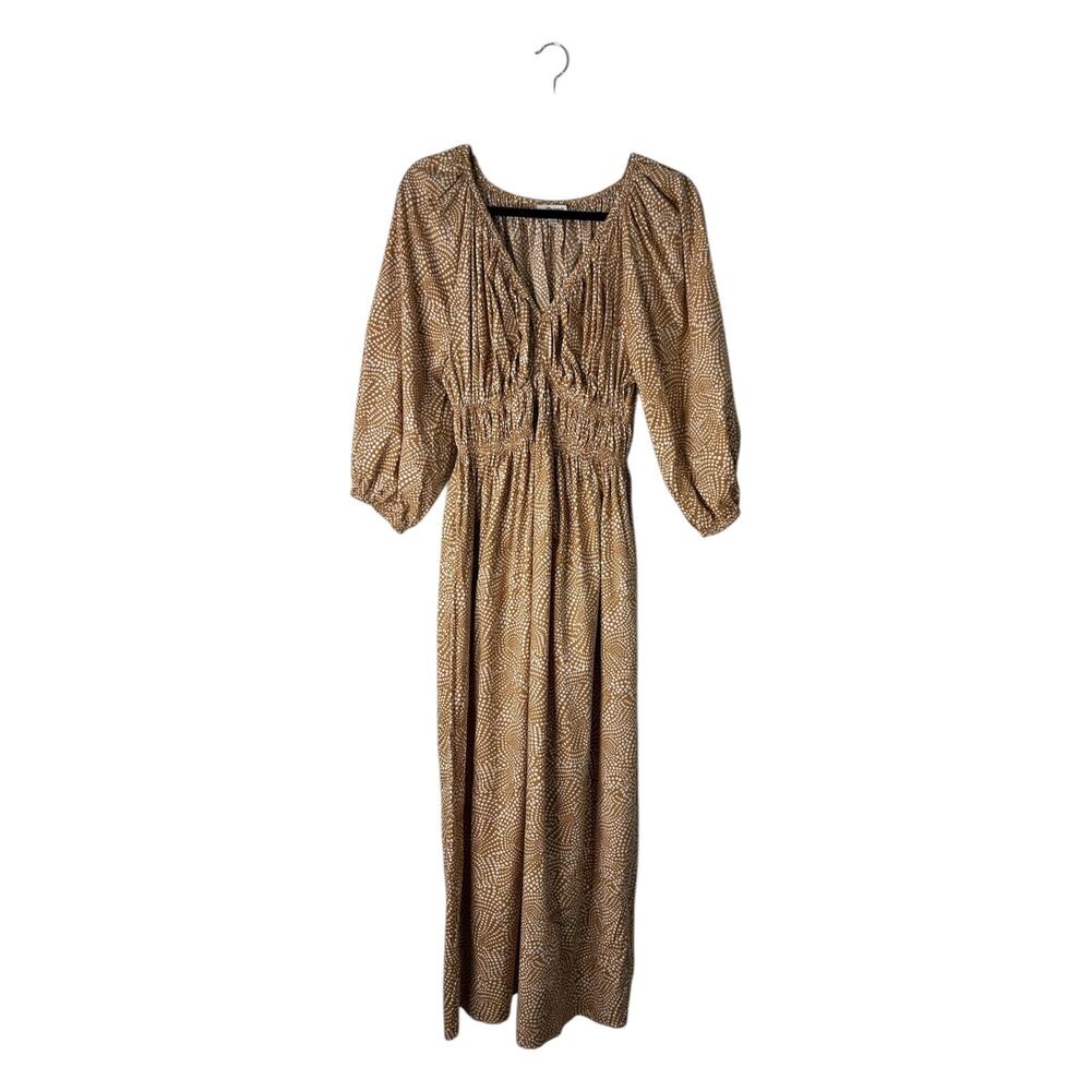 Madewell V-neck Balloon Sleeve Maxi Dress in Spiral Dot Khaki Smocked Size 6